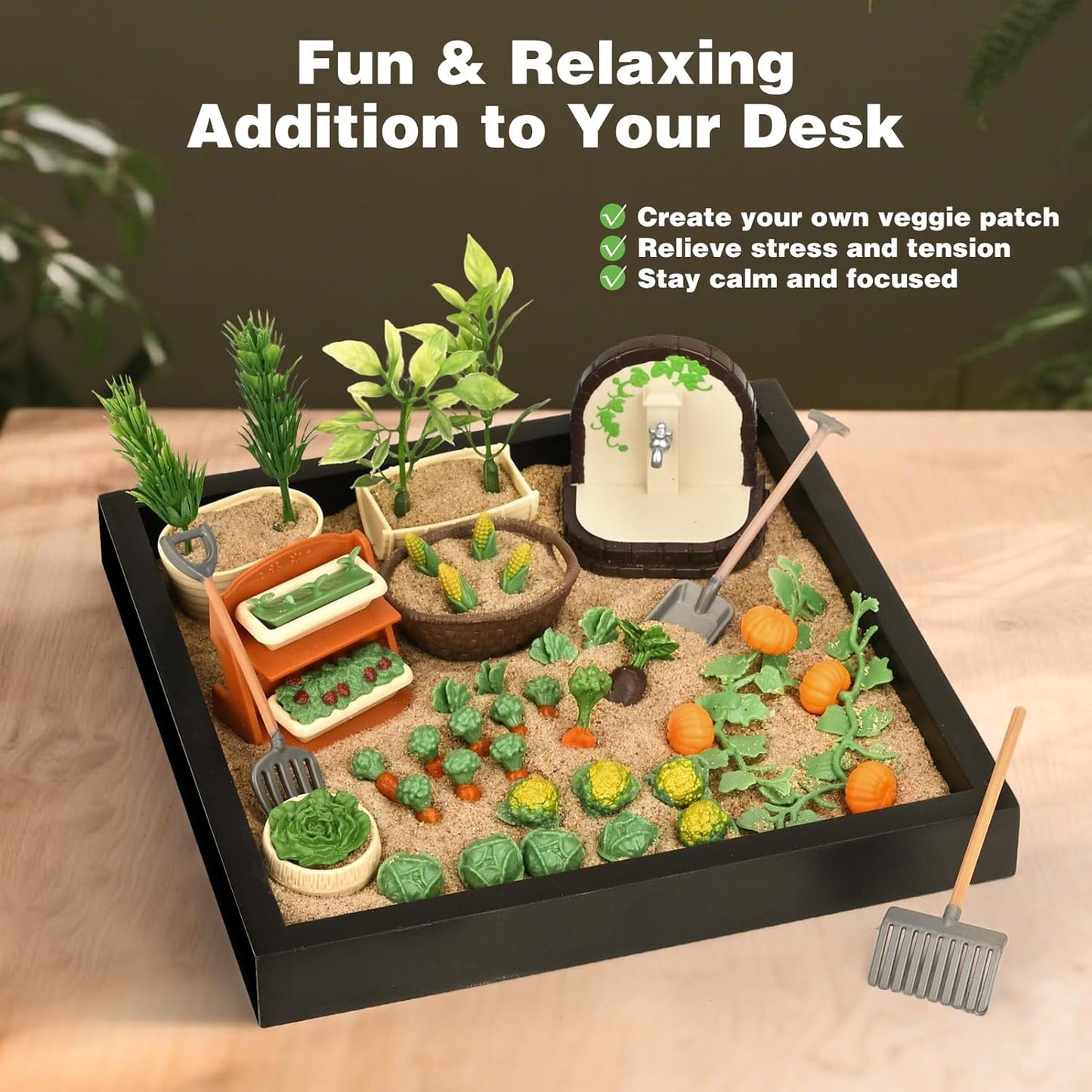 Dreamon Zen Sand Garden for Desk - Vegetable Gardening Themed Sand Tray Therapy Kit with 56 Accessories & Encouragement Cards - Meditation Room & Office Stress Relief Toy - Funny and Novelty Gift Idea