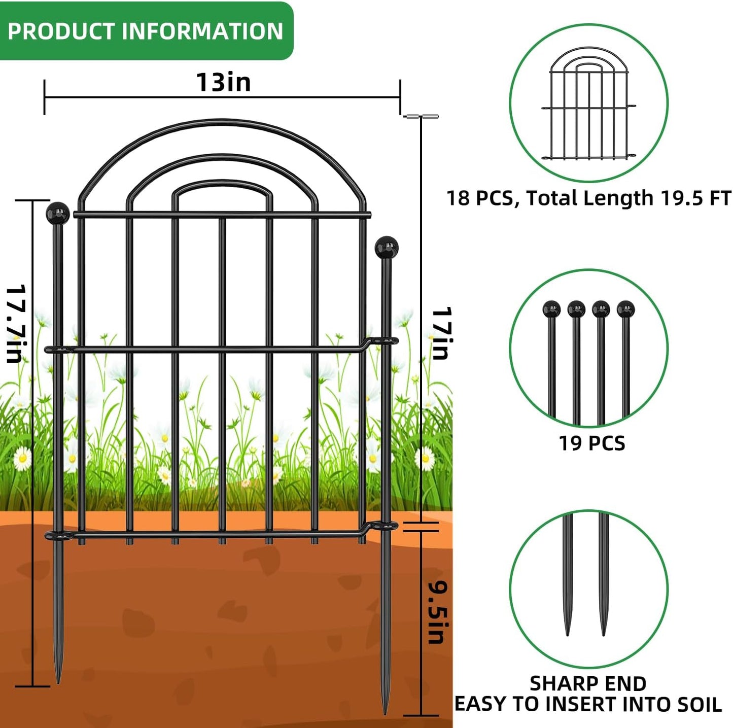 Decorative Garden Fence, 17in(H) x19.5ft Rustproof Metal No Dig Fence Animal Barrier Fence for Dog Rabbit, Wire Border Panel Fencing for Yard Patio Outdoor Decor 18 Pack.