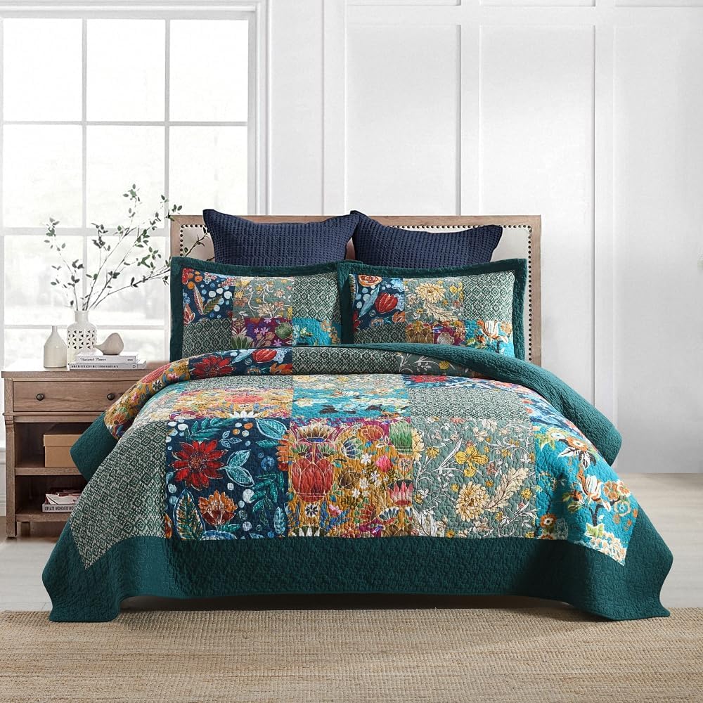 Autumn Dream Cotton Bedspread Quilt Sets Reversible Bedding Coverlet Sets Comforter, Vintage Floral Patchwork Turquoise Bedspread, King Size