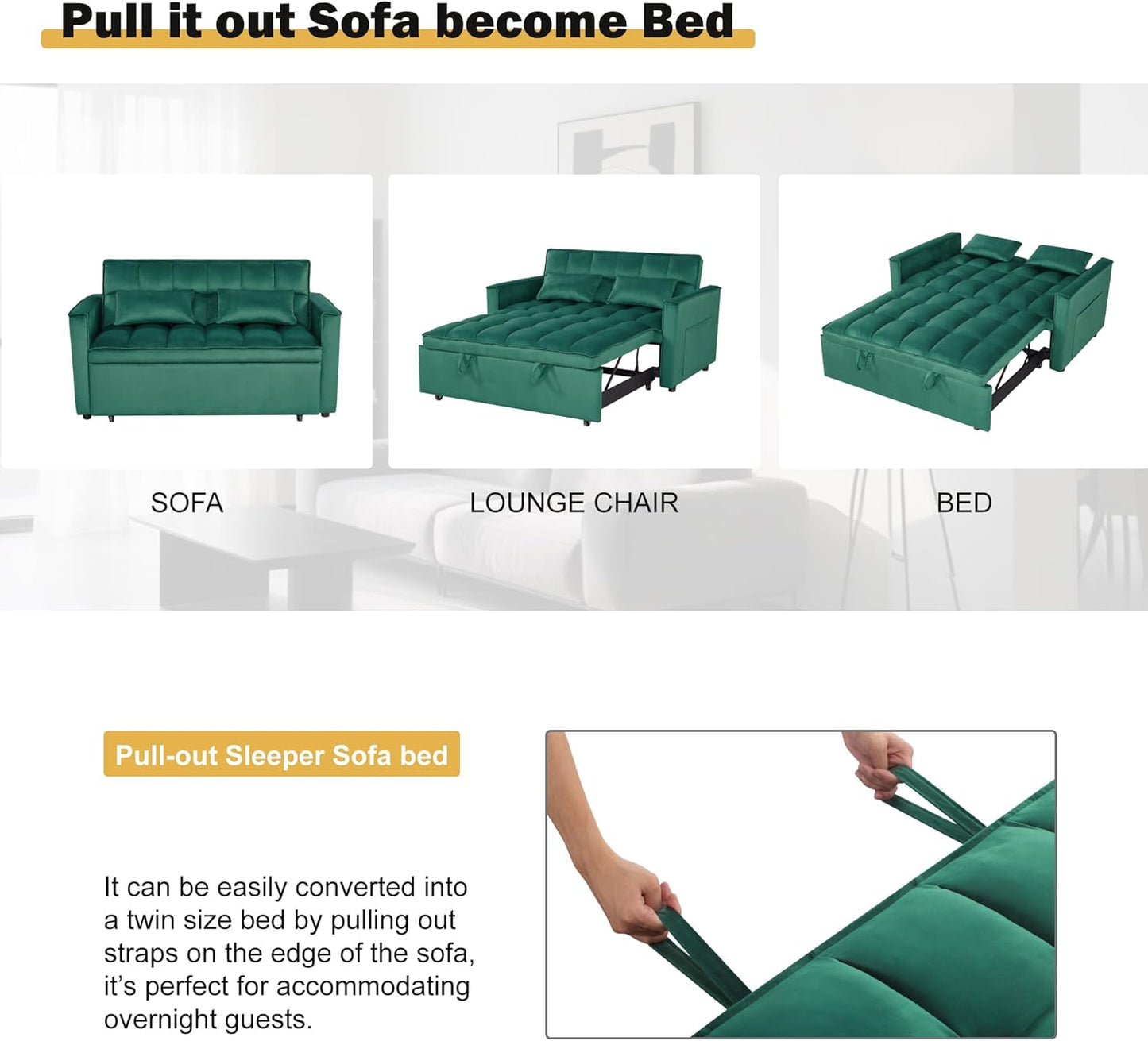 3 in 1 Sleeper Sofa Bed, Futon Sofa Bed for Living Room with Side Pocket, Green Sleepers Sofas Couch with Pullout Beds, Convertible Love Seat Sleepers Couch for Living Room, Bedroom