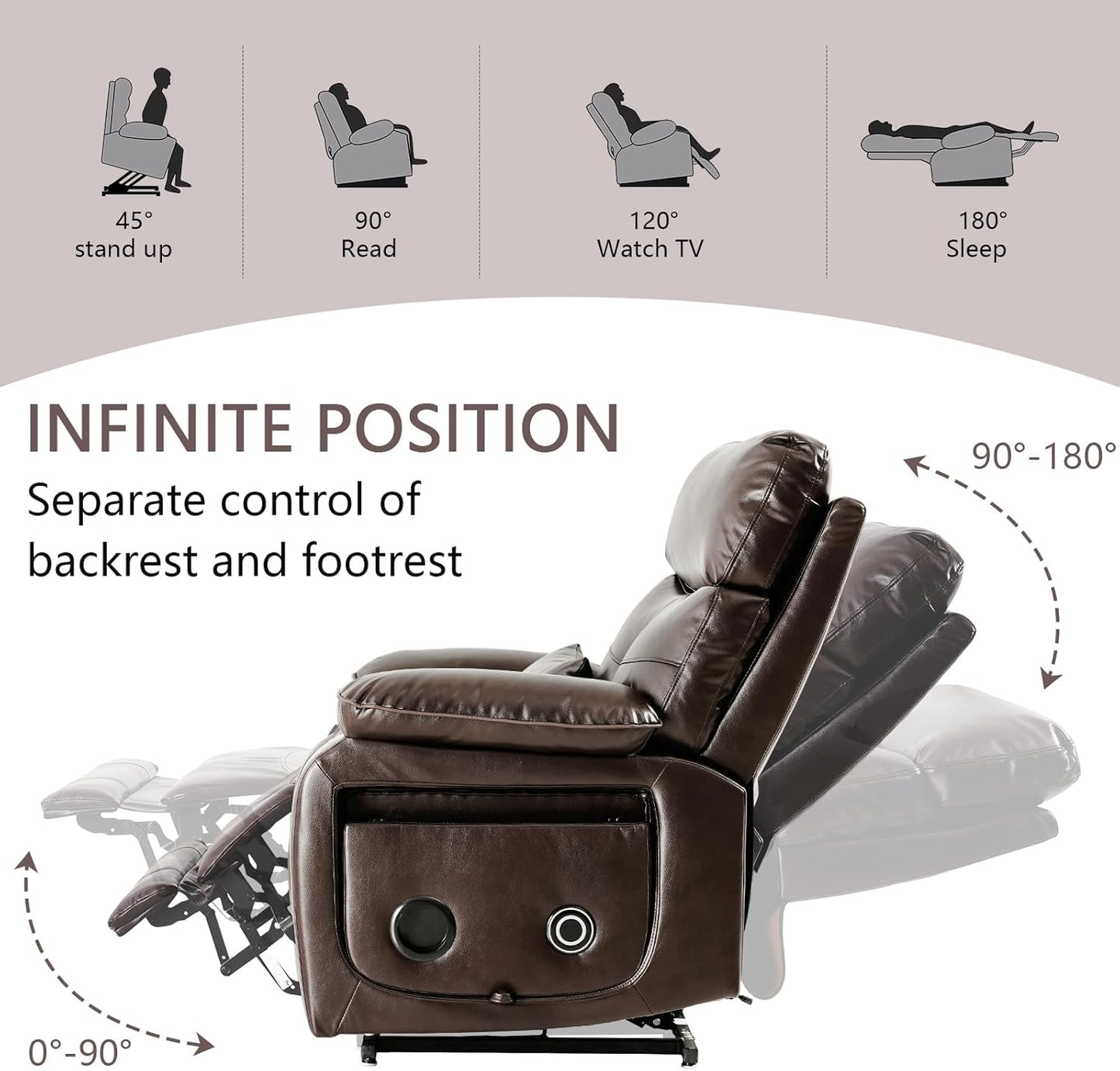 Dual Motor Power Lift Recliner Chair for Adult & Elderly, Infinite Position Lay Flat Lift Chair with Heat & Massage, Cup Holder, Lumbar Pillow, Wireless Charger, USB Ports, Leather (Brown)