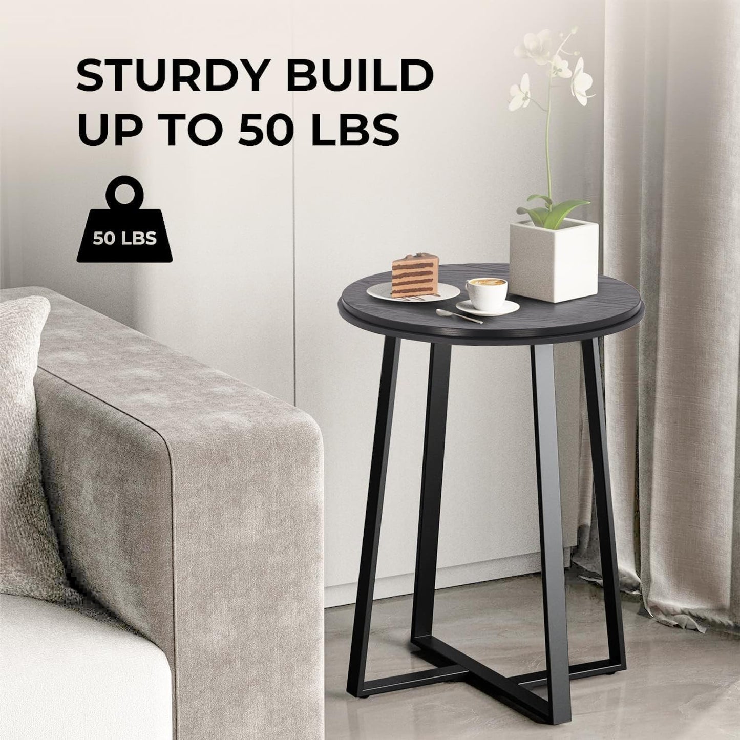 Round End Table, Small Side Table Black Color MDF Top, Metal Frame Black, Tall End Side Table for Bed Room, Coffee Tea End Table for Living Room(Round Black)