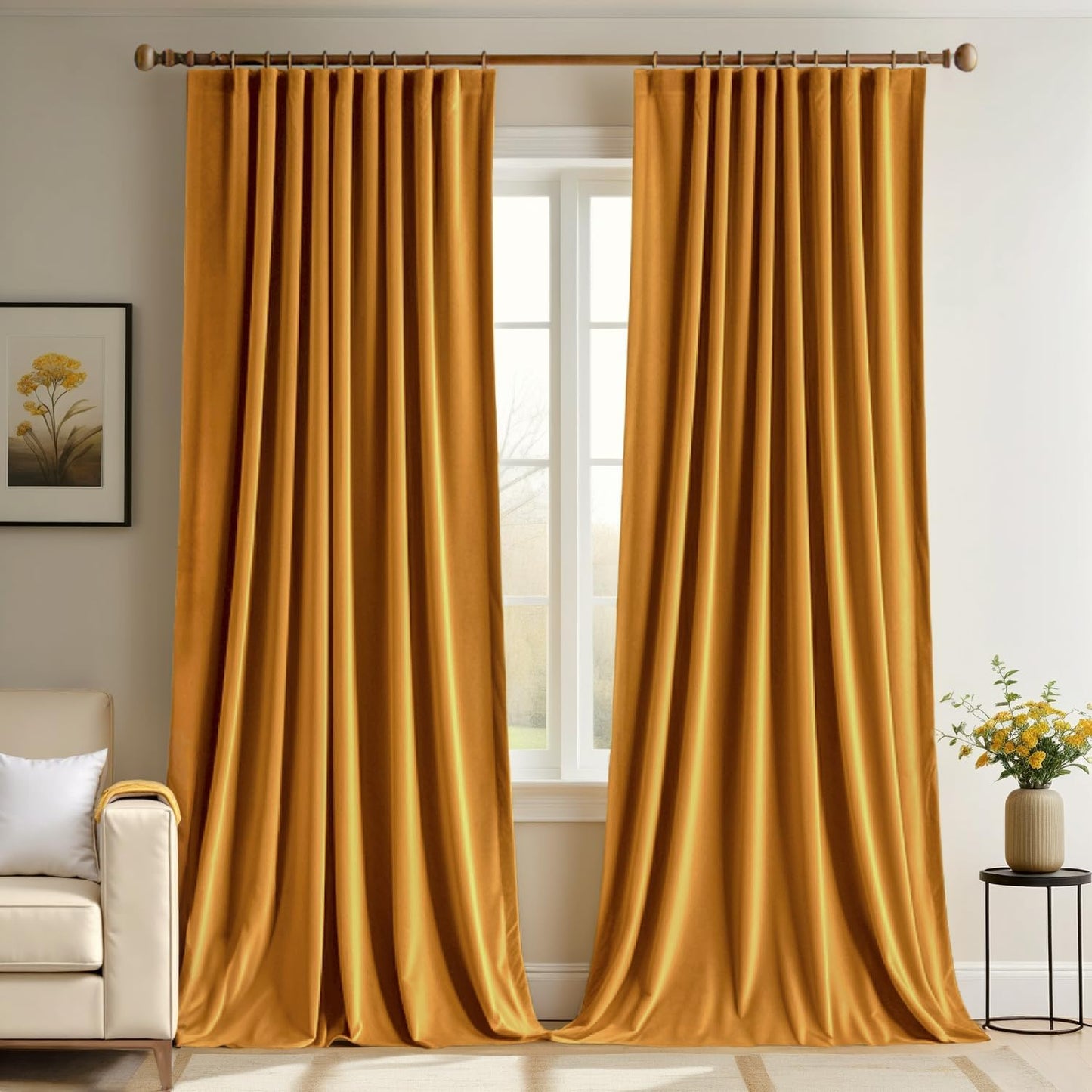 MIULEE Mustard Yellow Velvet Curtains 84 Inches Long 2 Panels - Pinch Pleated Room Darkening Curtains for Bedroom Living Room Blackout Thermal Insulated Super Soft Fall Window Drapes Back Tab