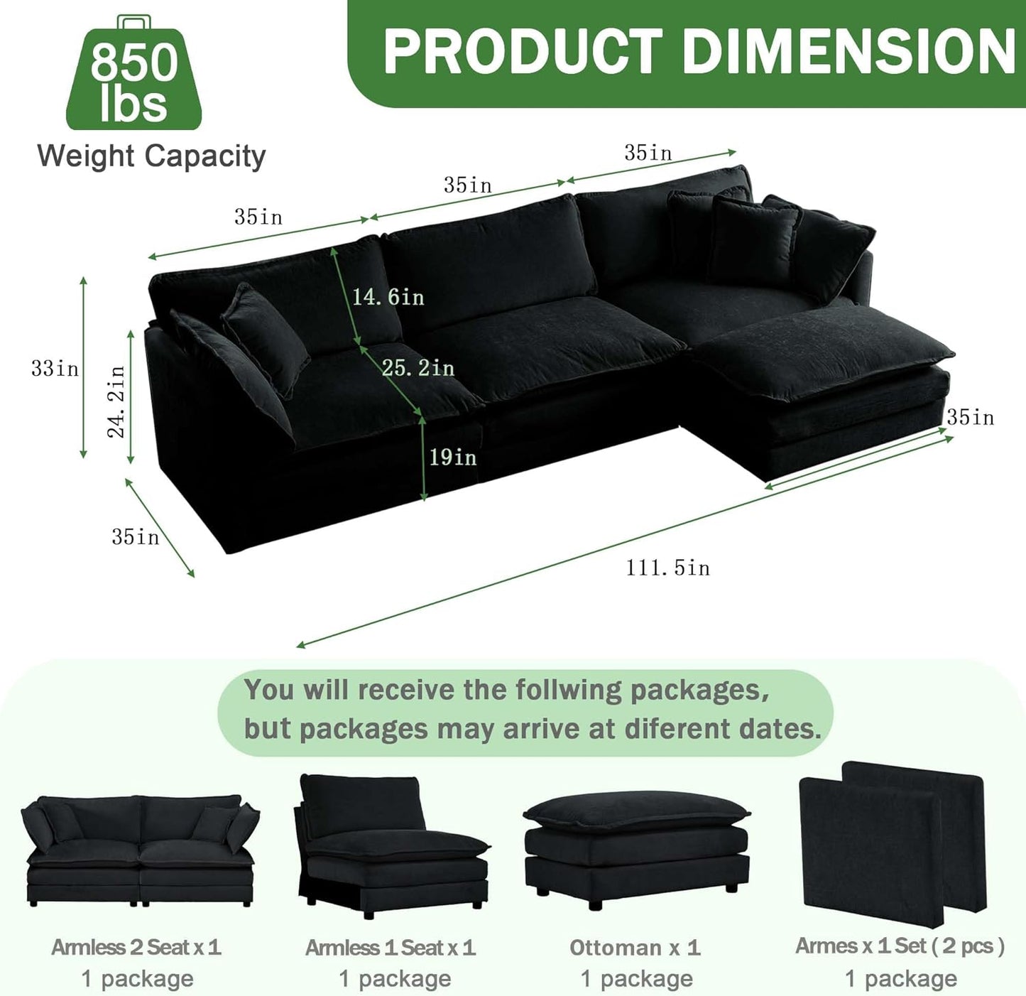 Sectional Sofa 3 Seater with Movable 1 Ottoman,Oversized Modular Couch Deep Seat (Black, 111.5 inch-L)