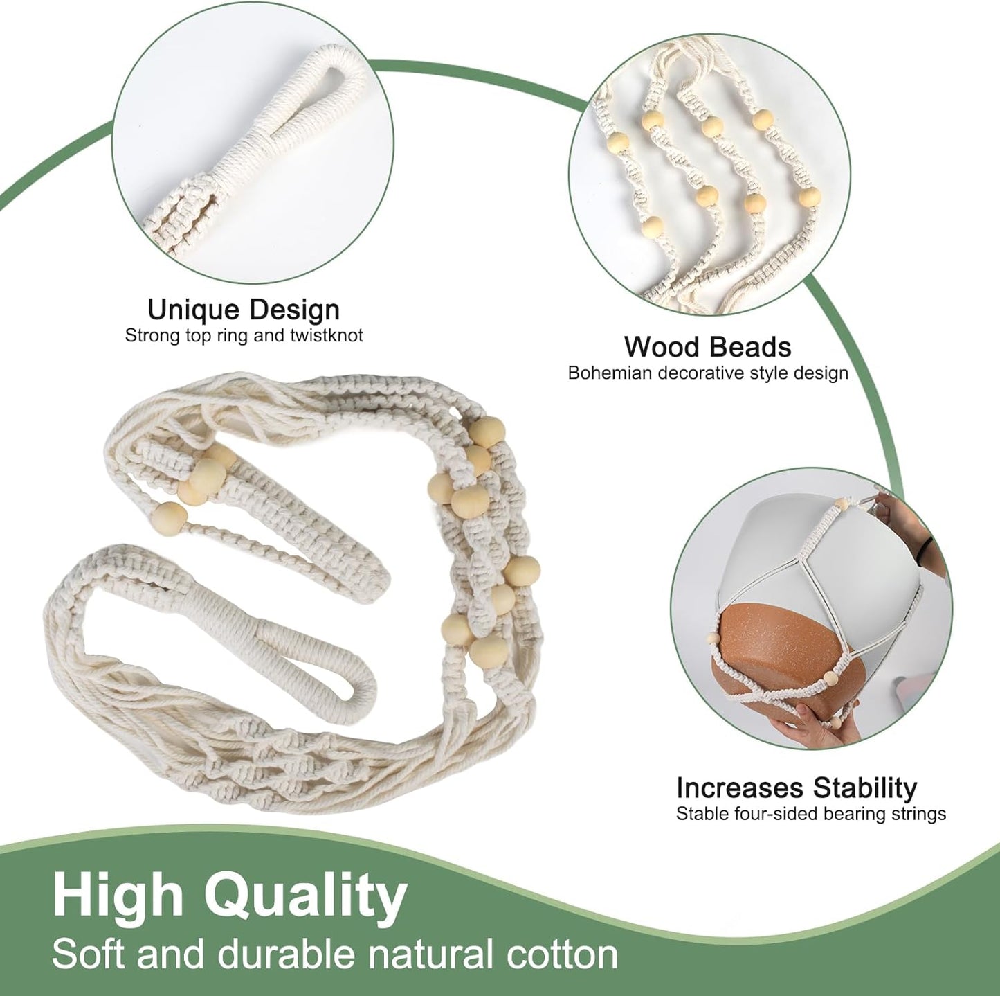 41.5 Inch Macrame Plant Hanger Indoor Outdoor with 12 Inch Flower Pot, Hanging Planter for Plants Holder with Wood Beads for Boho Home Decor (Ivory+White)