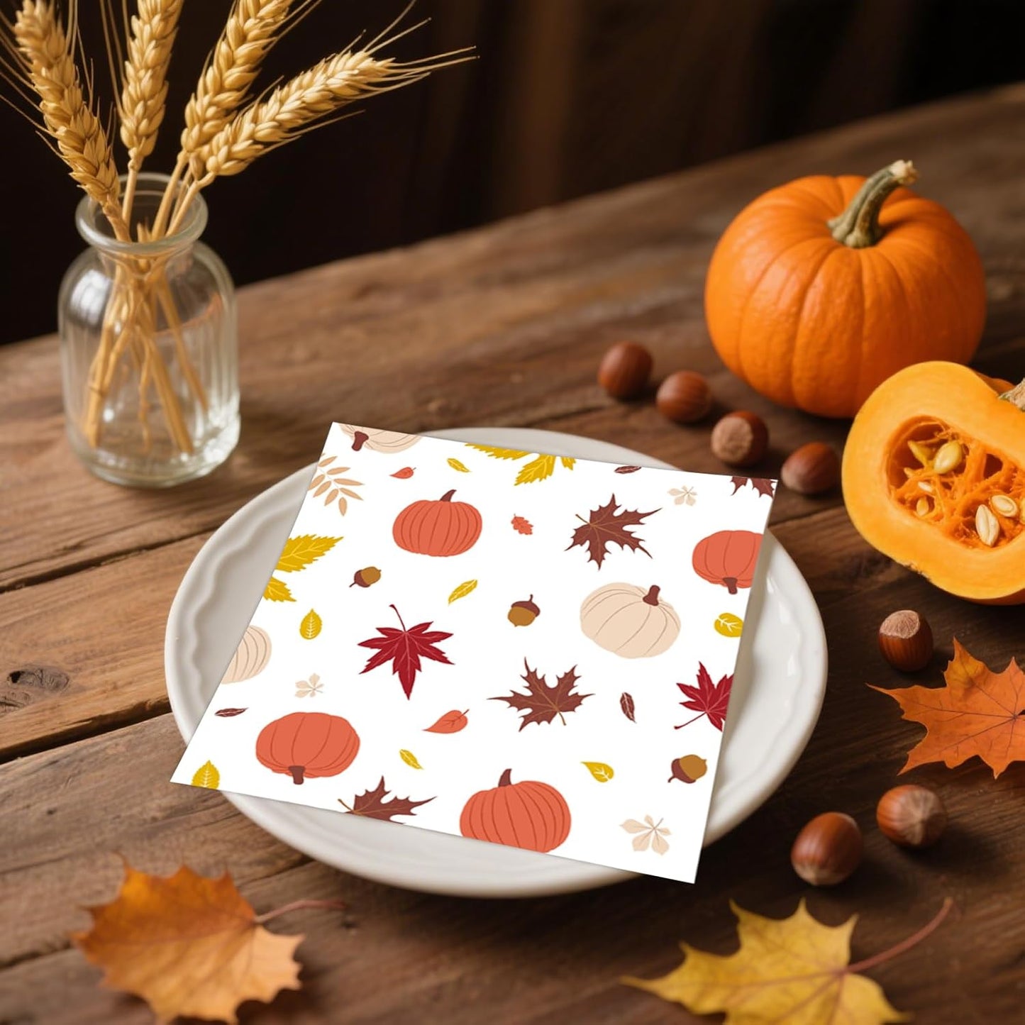 50 Pcs Fall Napkins 5 x 5 inch, 3 Ply Pumpkin Maple Leaves Paper Napkins Disposable Holiday Cocktail Napkins for Dinner Bathroom Autumn Thanksgiving Party Decorations (Fall)