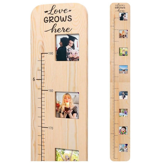 Garybank Solid Wood Growth Chart for Kids with Picture Frames, Height Measurement Ruler Milestone Markers, Foldable Kids Height Wall Chart, Christmas Keepsake Gift for Toddler Boy Girl Room Wall Decor