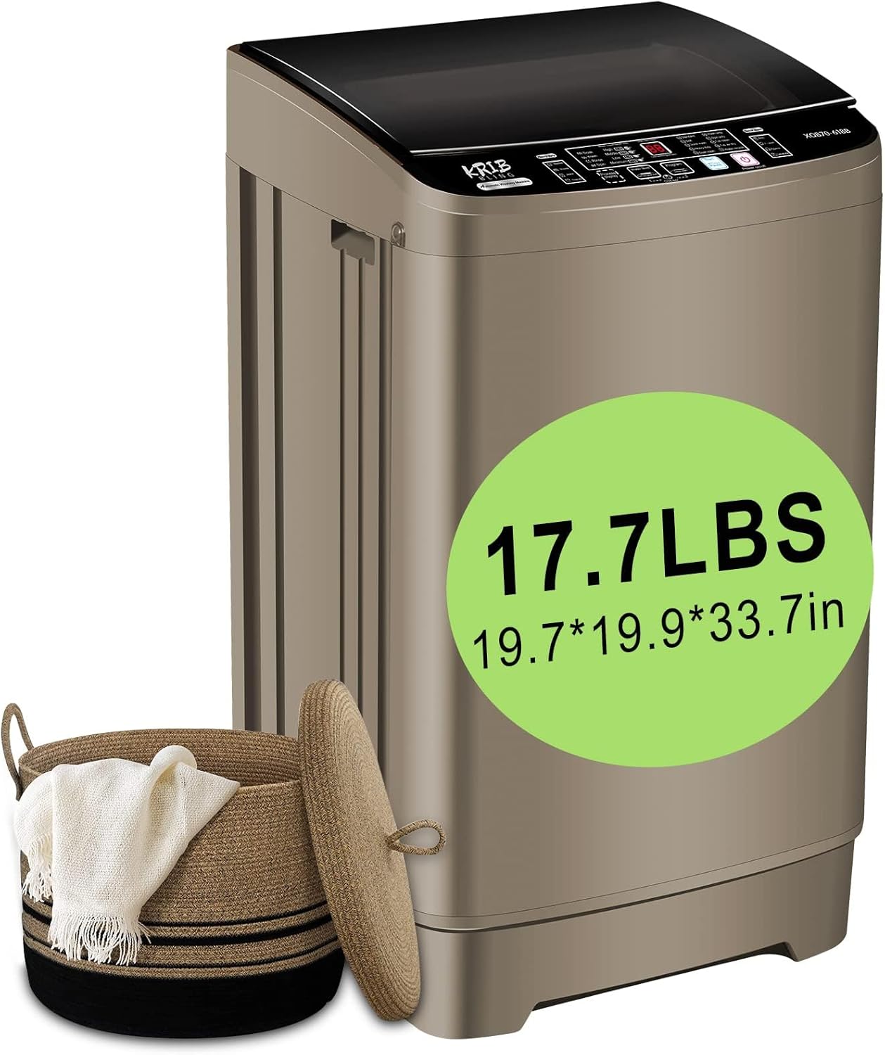17.7 lbs Full Automatic Washing Machine with LED Display Compact Washing Machine with Drain Dump, 10 Wash Programs and 8 Water Levels Ideal for Dorms, Apartments, RV, Gold, KB03 GOLD6-3