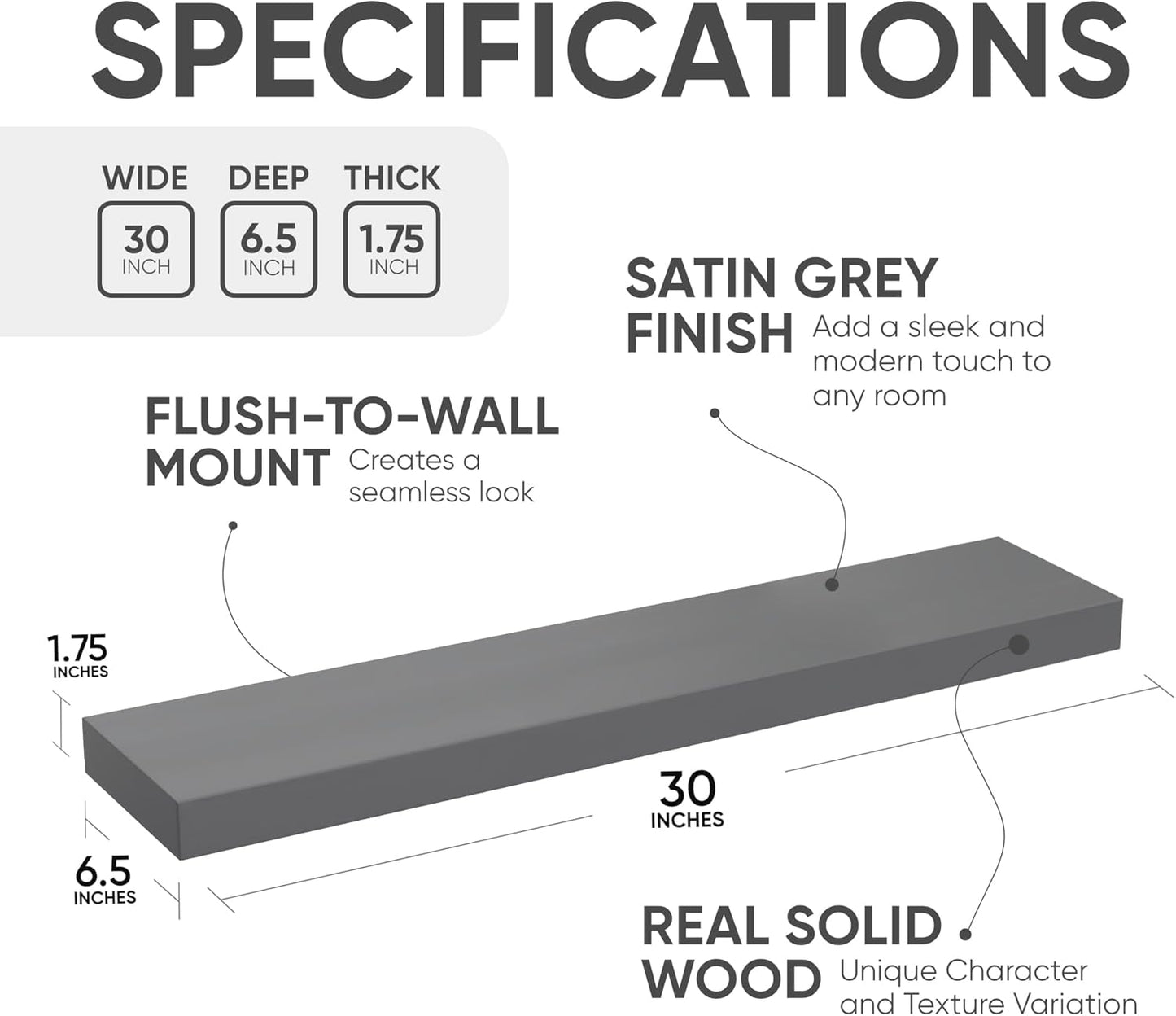 Homeforia Gray Floating Shelves for Wall, Premium Solid Wood Grey Shelf, Grey Bathroom Shelves, Heavy Duty Bracket, 30 x 6.5 x 1.75 inch, Set of 2