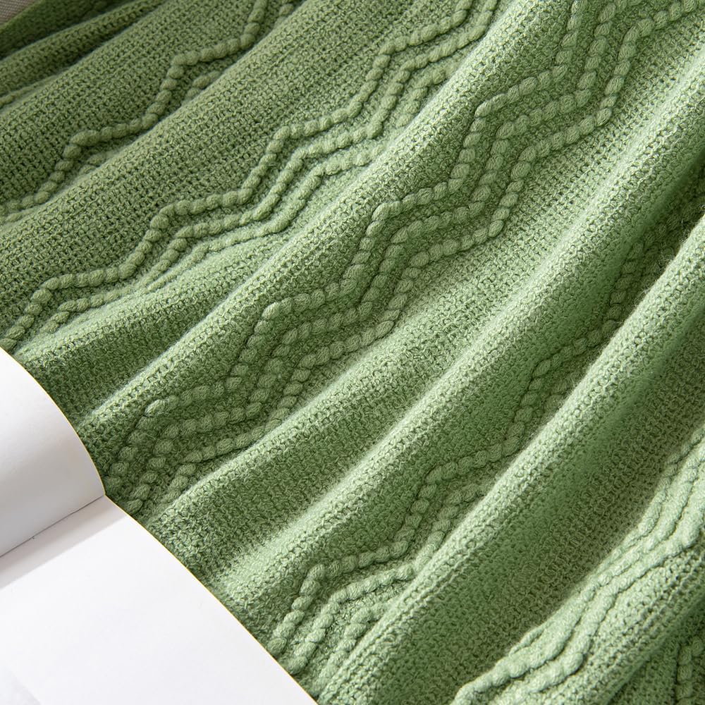 MIULEE Sage Green Knitted Throw Blanket for Couch Textured Spring Knit Blanket with Tassels Cozy Woven Boho Bed Blanket for Sofa Bed Chair Acrylic Wave Pattern 50"x60"