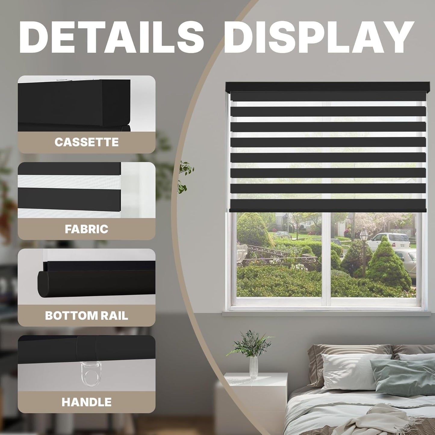HESTIA Cordless Zebra Blinds Light Filtering Roller Shades UV Blocking Blackout Privacy Indoor Window Shades for Home Office Day and Night, Black,42" W x 60" H