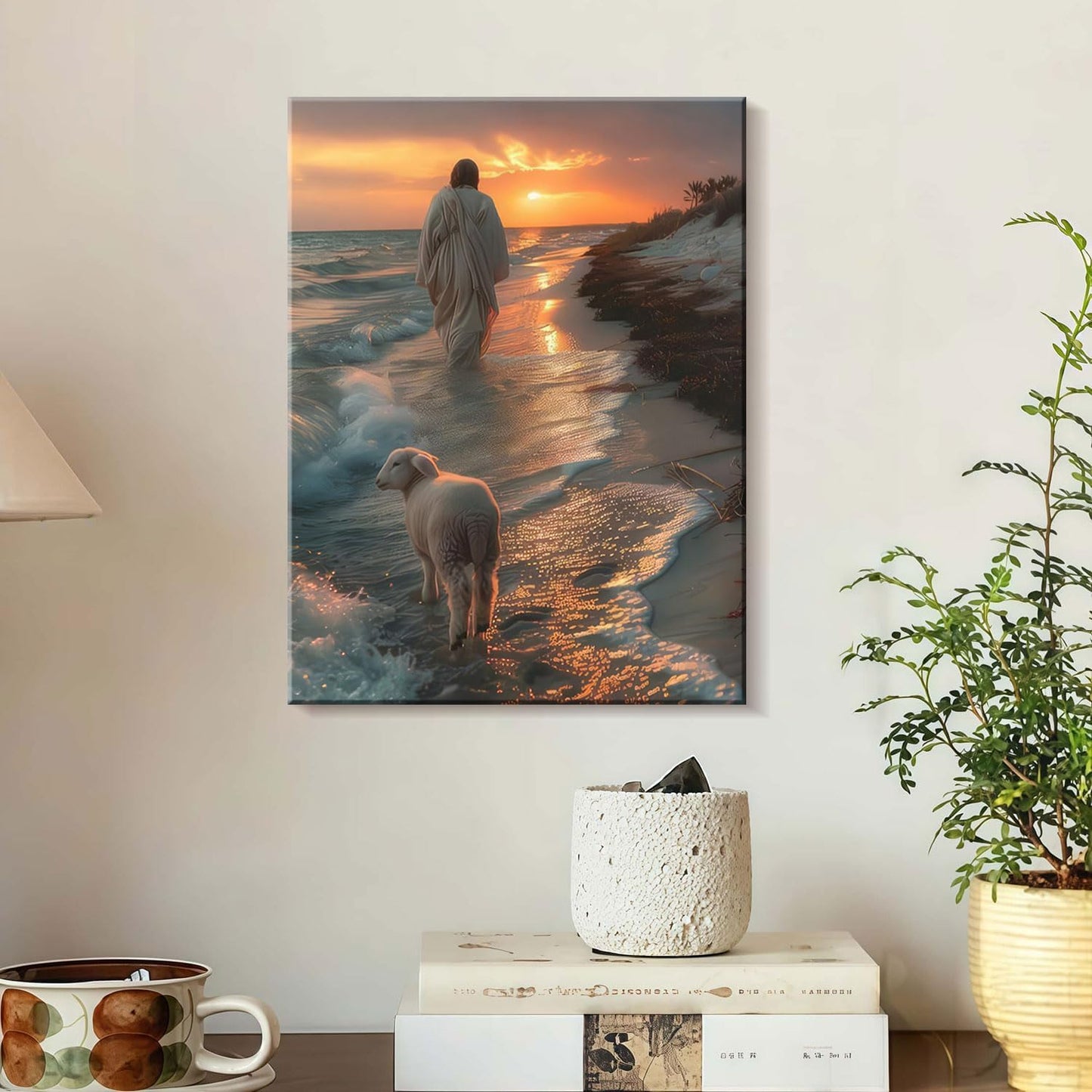 Framed Canvas Jesus and the Lamb Walking on the Beach Wall Decor Wall Art Gallery Decor Unique Print Wall Decor for Living Room Bedroom Church Home Decor 24x36 Inch Ready to Hang