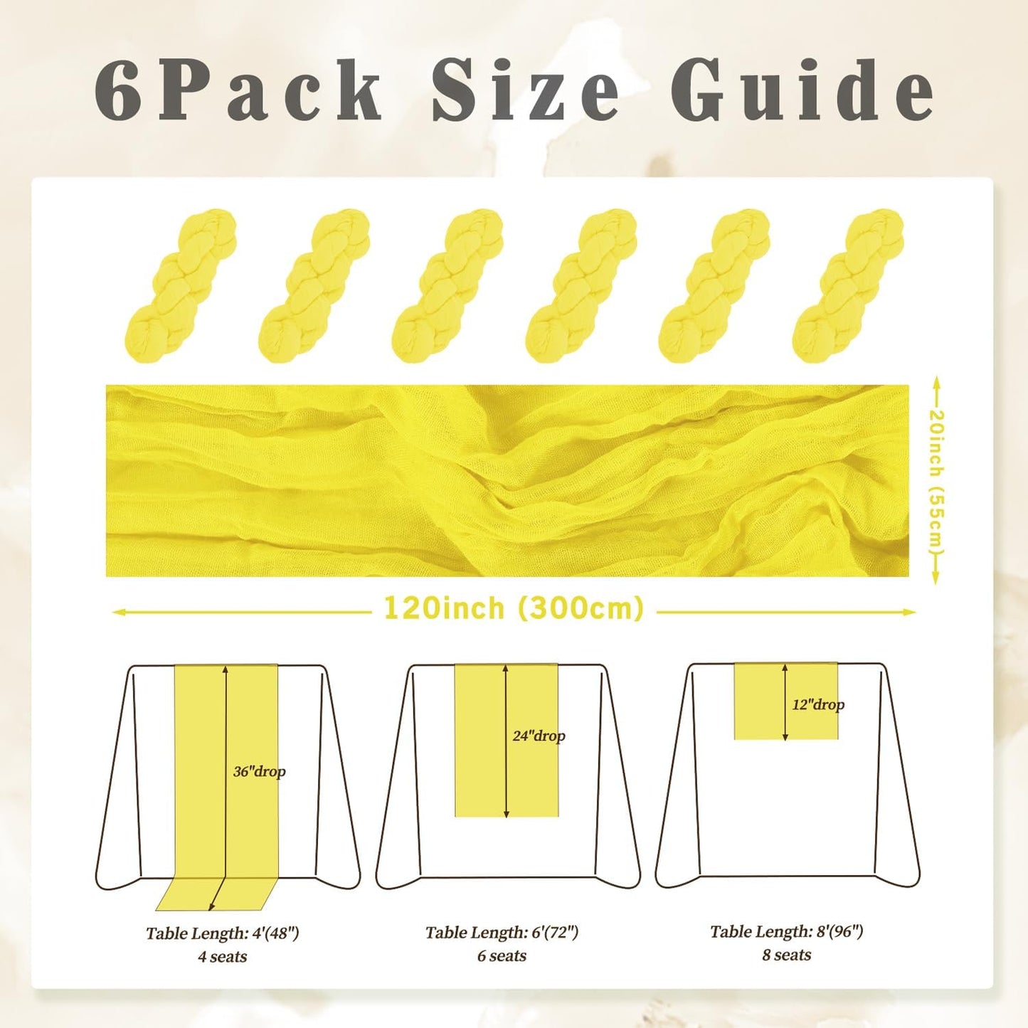 6 Pack Yellow Cheesecloth Table Runner 20 x 120 Inch Long Rustic Gauze Cheese Cloth Table Runner for Wedding 10FT Bridal Baby Shower Table Decorations Boho Fabric Sheer Birthday Party Table Decor