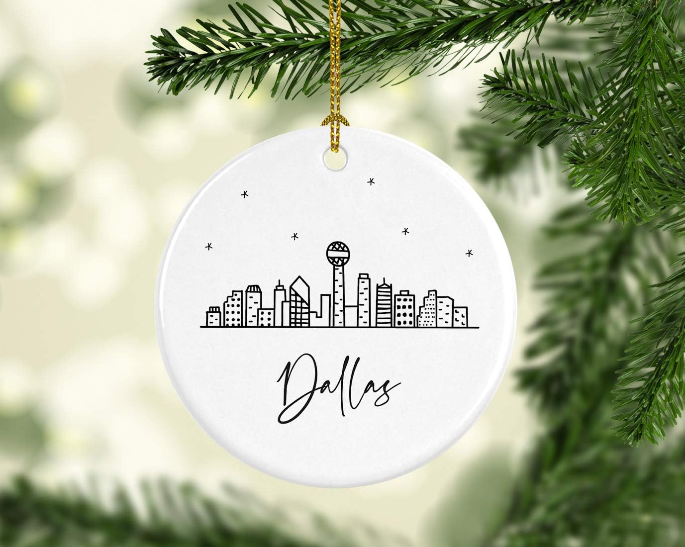 Andaz Press Round Ceramic Porcelain Christmas Tree Ornament Keepsake, Dallas Black and White Stars City Skyline Graphic, 1-Pack, Birthday Gift Ideas for Family Coworker, Includes Gift Box