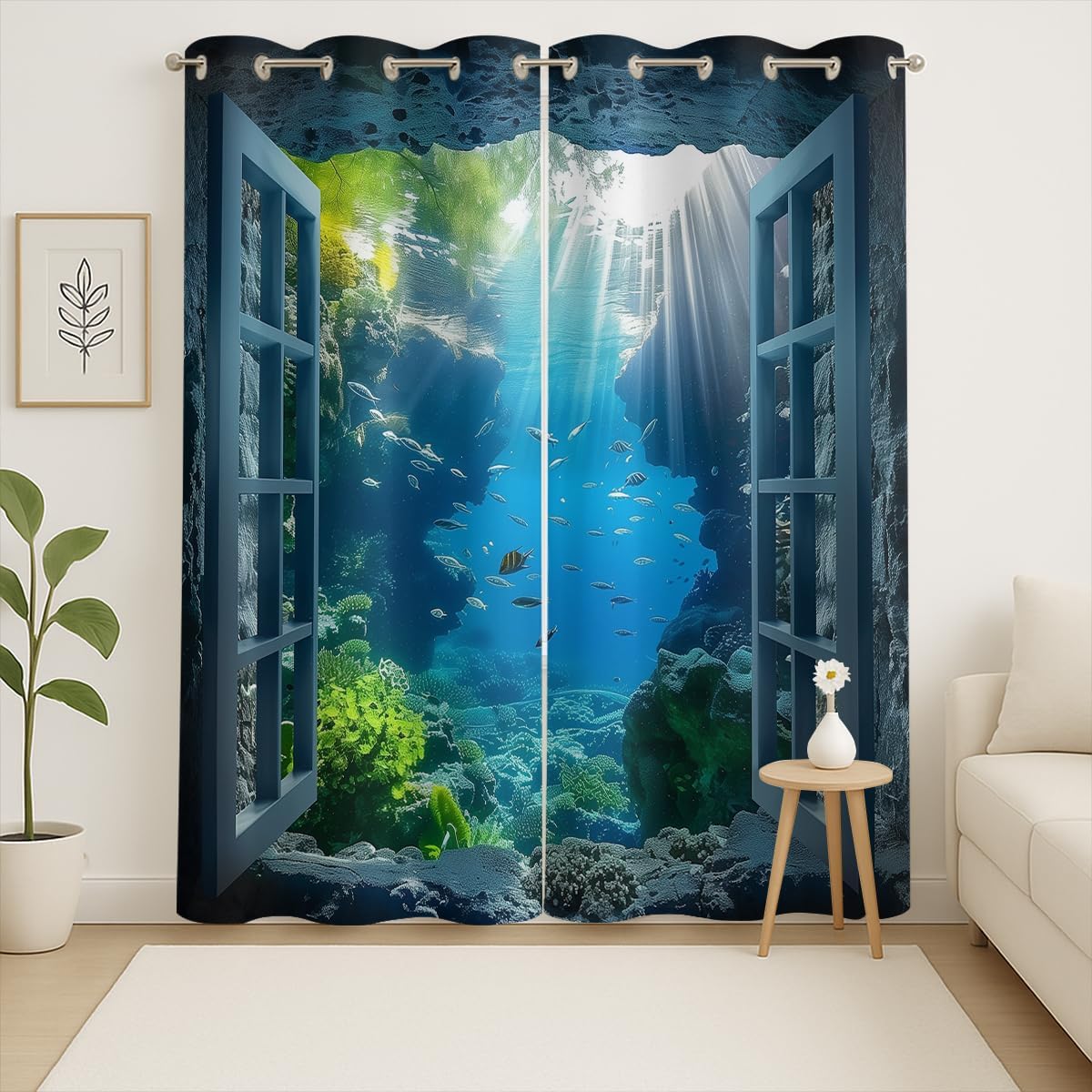 Ocean Fishs Blackout Curtains for Girls Boys Home Decor, Underwater Tropical Fish Undersea Coral Grommet Thermal Insulated Drapes Darkening Window Curtain for Bedroom Living Room, 42 x 63 Inch