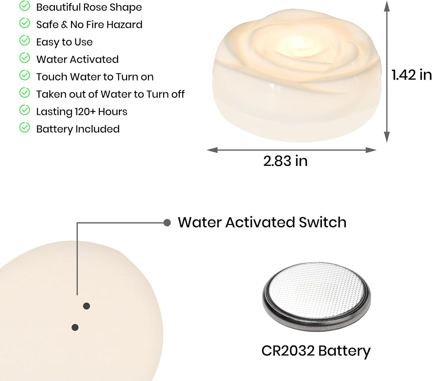 Aignis 24pcs Flameless LED Floating Candles, White Rose Plastic Tealight Battery Operated, 120+ Hours Glow Time, Cozy Light for Romantic Pool/Bathtub/Hot Bath/Wedding Centerpiece Decor(D2.83*H1.42)