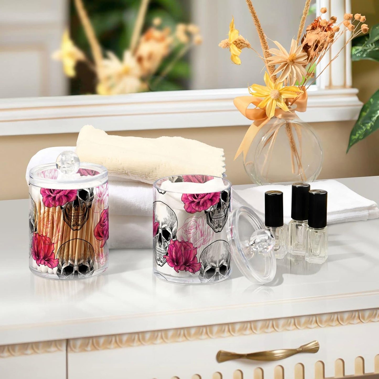2 Pack Qtip Holder Dispenser Skull Rose Flower Bathroom Storage Canister Lid Acrylic Plastic Apothecary Jar Set Vanity Makeup Organizer for Cotton Swab/Ball/Round Pads, Floss