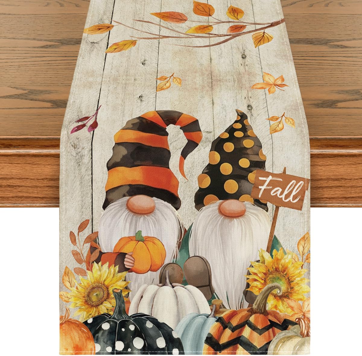 Artoid Mode Wood Gnomes Pumpkins Sunflower Maple Leaves Fall Table Runner, Kitchen Dining Table Decoration for Home Party Decor 13 x 90 Inch