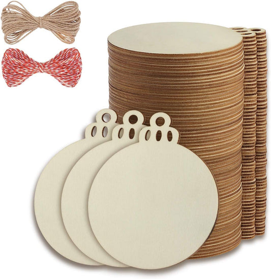 Fuyit 100Pcs 4 Inch Wooden Christmas Ornaments Unfinished Predrilled Wood Slices with Holes, Uniform Wood Round Circles Blank Discs for DIY Crafts Party Decorations