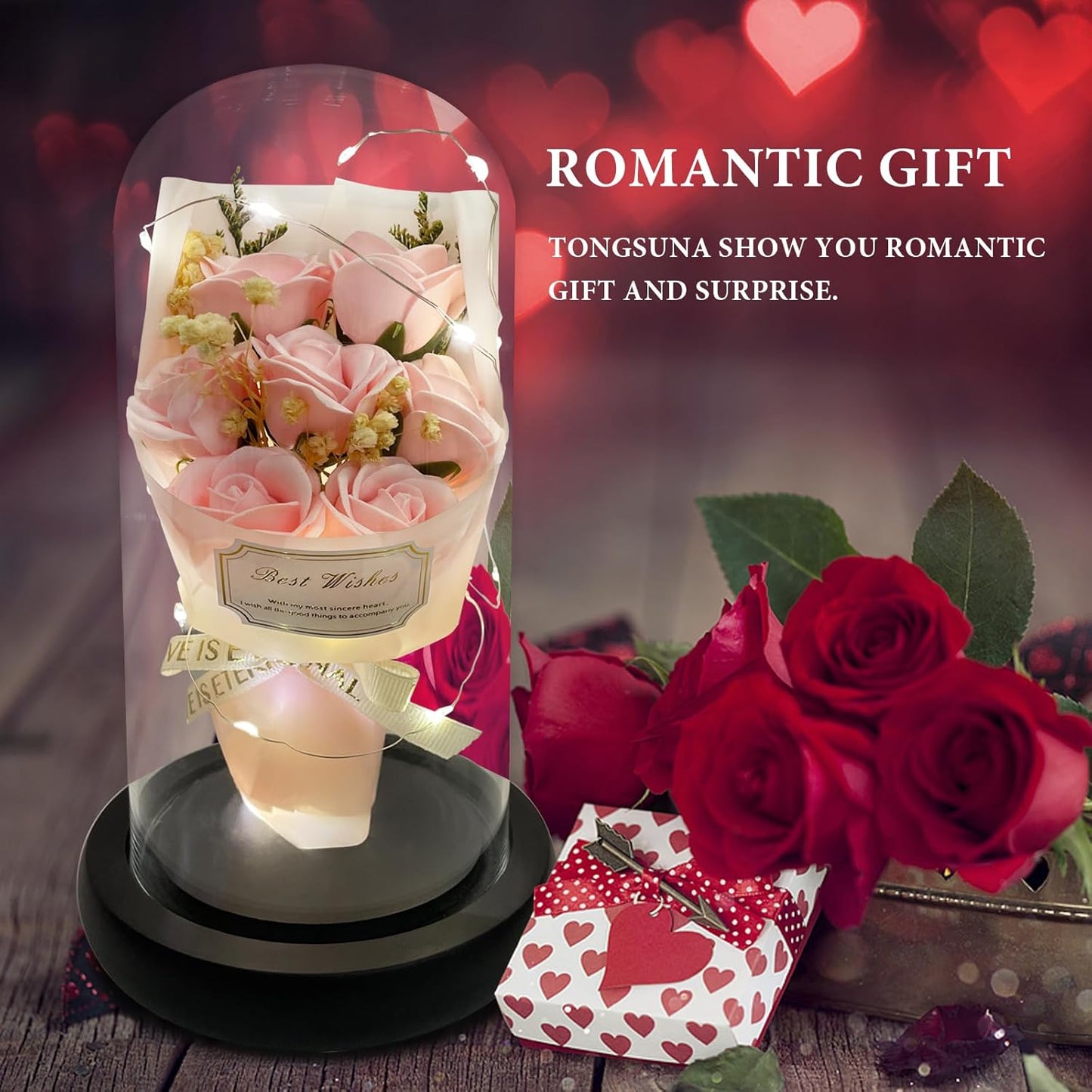Gift for Her Forever Flower Bouquet for Delivery Prime Preserved Pink Roses Glass Dome LED Light 100 Languages I LOVE YOU Necklace Mothers Day Birthday Romantic Valentines Gift for Wife Women Mom