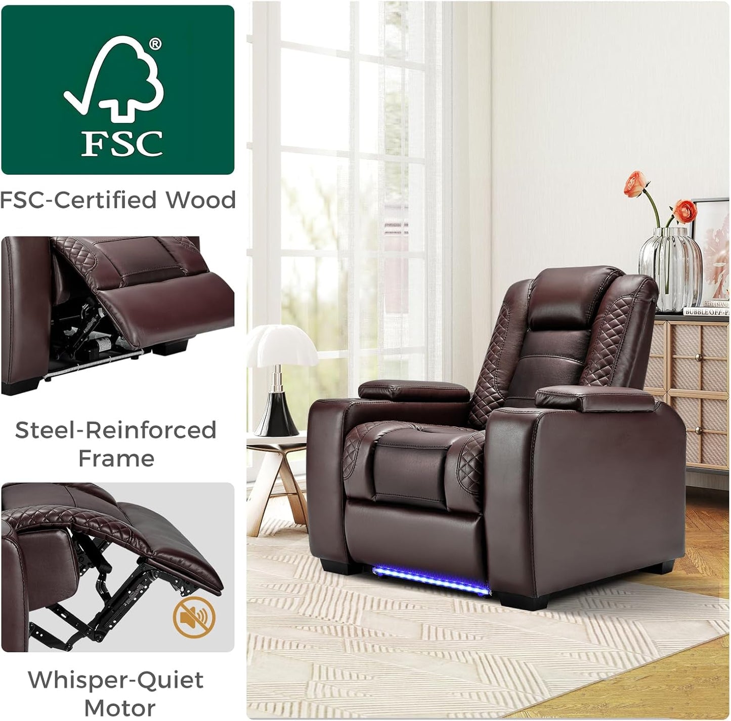 ANJ Power Home Theater Seating Set of 2, Brown Faux Leather Electric Recliner Chair with Powered Headrest, Dual Motors Movie Reclining Chairs with LED Lights,USB Port,Cup Holders, Hidden Arm Storage