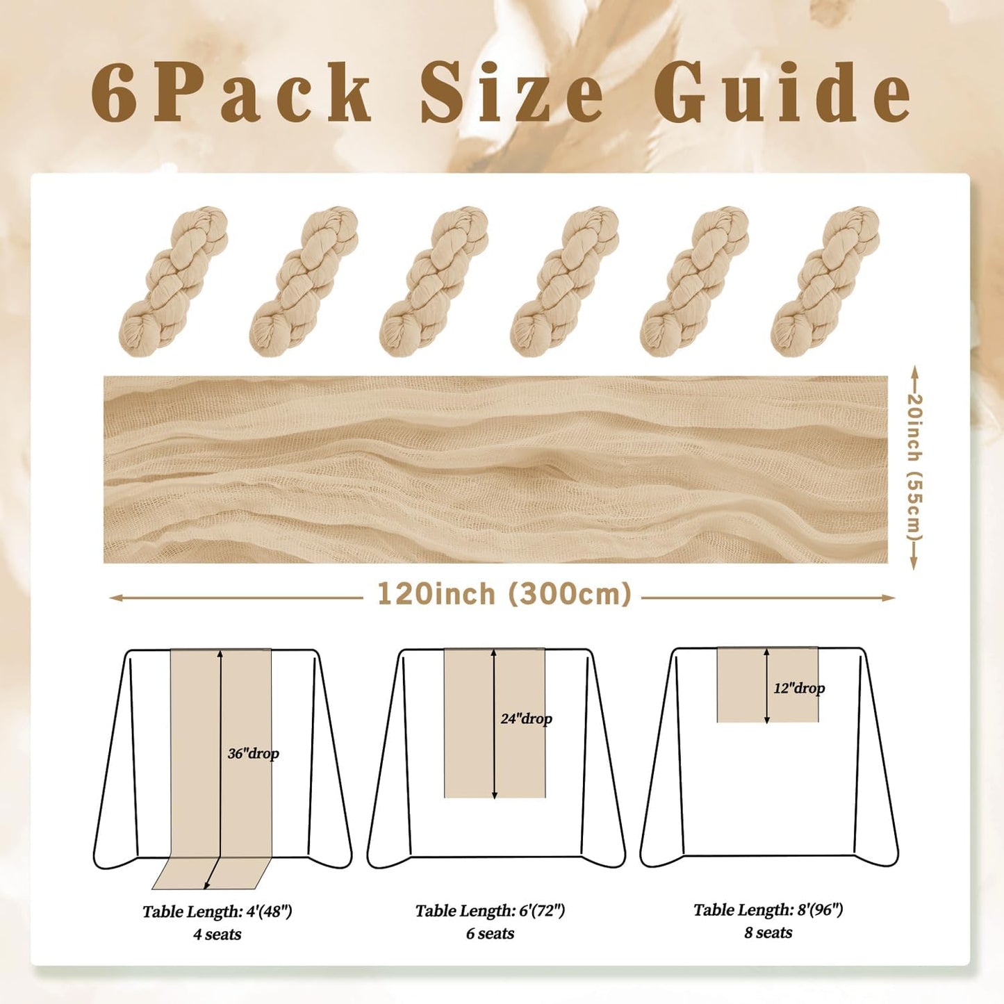 Sand 6 Pack 10FT Cheesecloth Table Runner 20 x 120 Inch Long Rustic Gauze Cheese Cloth Table Runner for Wedding Bridal Baby Shower Table Decorations Boho Fabric Sheer Birthday Party Table Decor