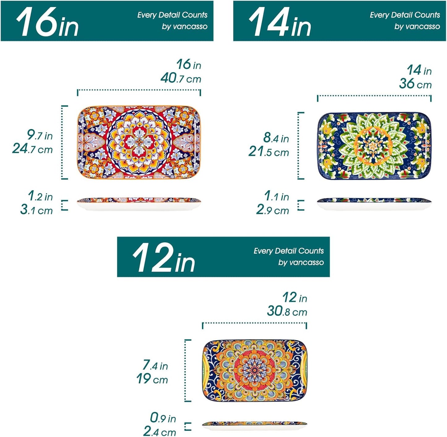 vancasso Serving Platters Set of 3, 16"/14"/12" Inch Rectangular Trays - Serving Platter Extra Large, Bohemian Ceramic Serving Dish for Entertaining Food, Microwave & Dishwasher Safe, Colorful