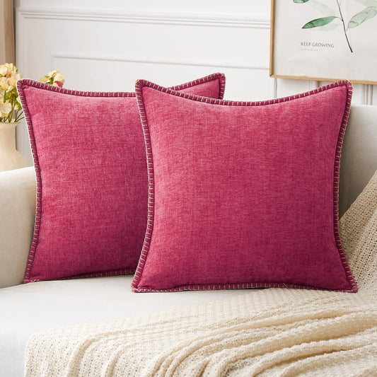 MIULEE Pack of 2 Couch Throw Pillow Covers 20x20 Inch Hot Pink Farmhouse Decorative Pillow Covers with Stitched Edge Soft Chenille Solid Dyed Spring Pillow Covers for Sofa Bed Living Room