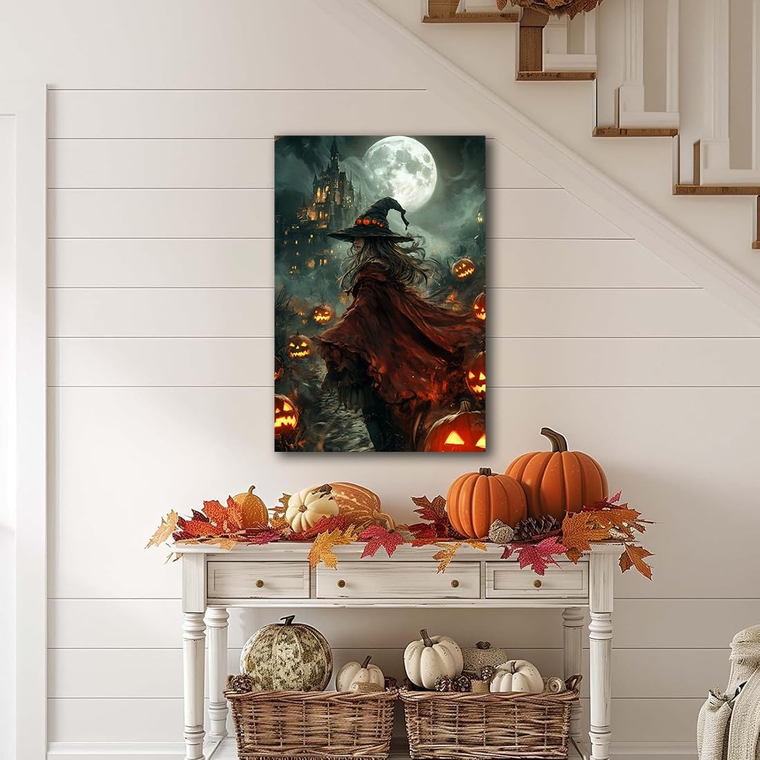 Dark and Moody Gothic Witch Poster Wall Art,Vintage Rustic Witch in Cloak with Castle Pumpkin Road Dark Gothic Poster,Goth Spooky Season Halloween Prints for Fantasy Office,16"x24" Unframed