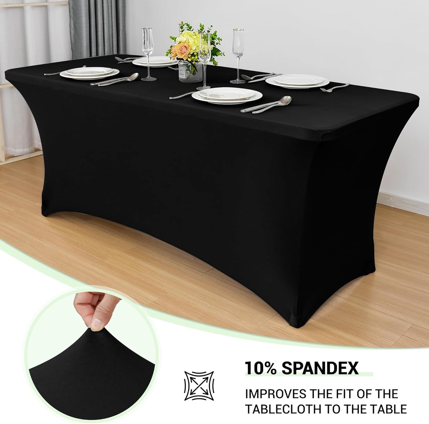 Obstal 8ft Stretch Spandex Table Cover - 4 Pack Universal Rectangular Fitted Tablecloth Protector for Wedding, Banquet and Party, Black