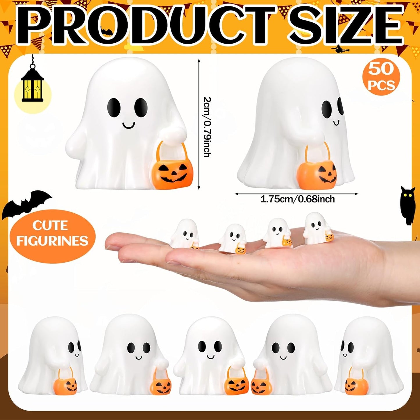 50 Pcs Halloween Mini Ghosts Figurines Resin Tiny Ghosts Miniatures Figures Ornaments for Halloween Party Outdoor Home Garden Decoration