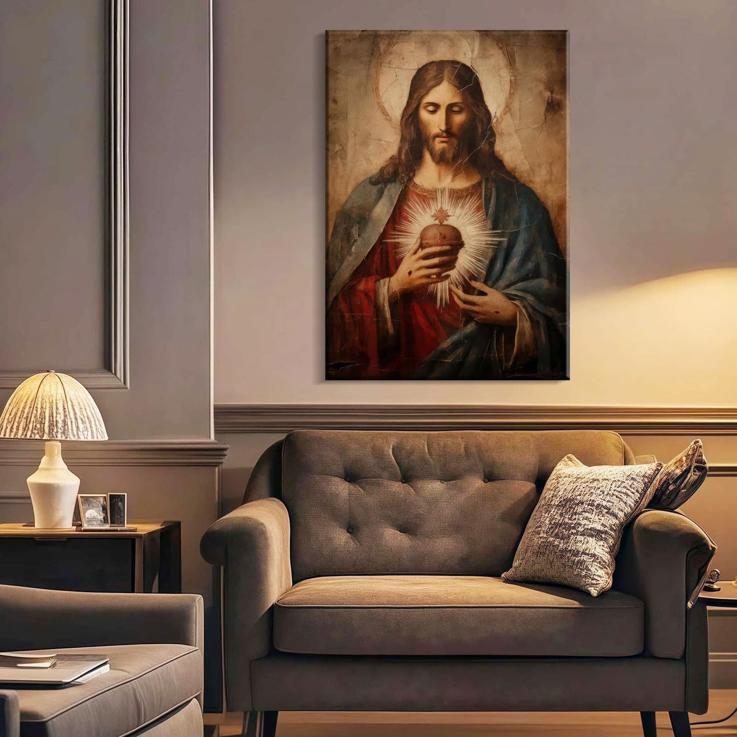 Framed Jesus Sacred Heart Canvas Painting Wall Art Christian Religious Poster Inspirational Bible Art Gallery Style Print for Bedroom Church Home Decor 12X16 Inch Ready to Hang