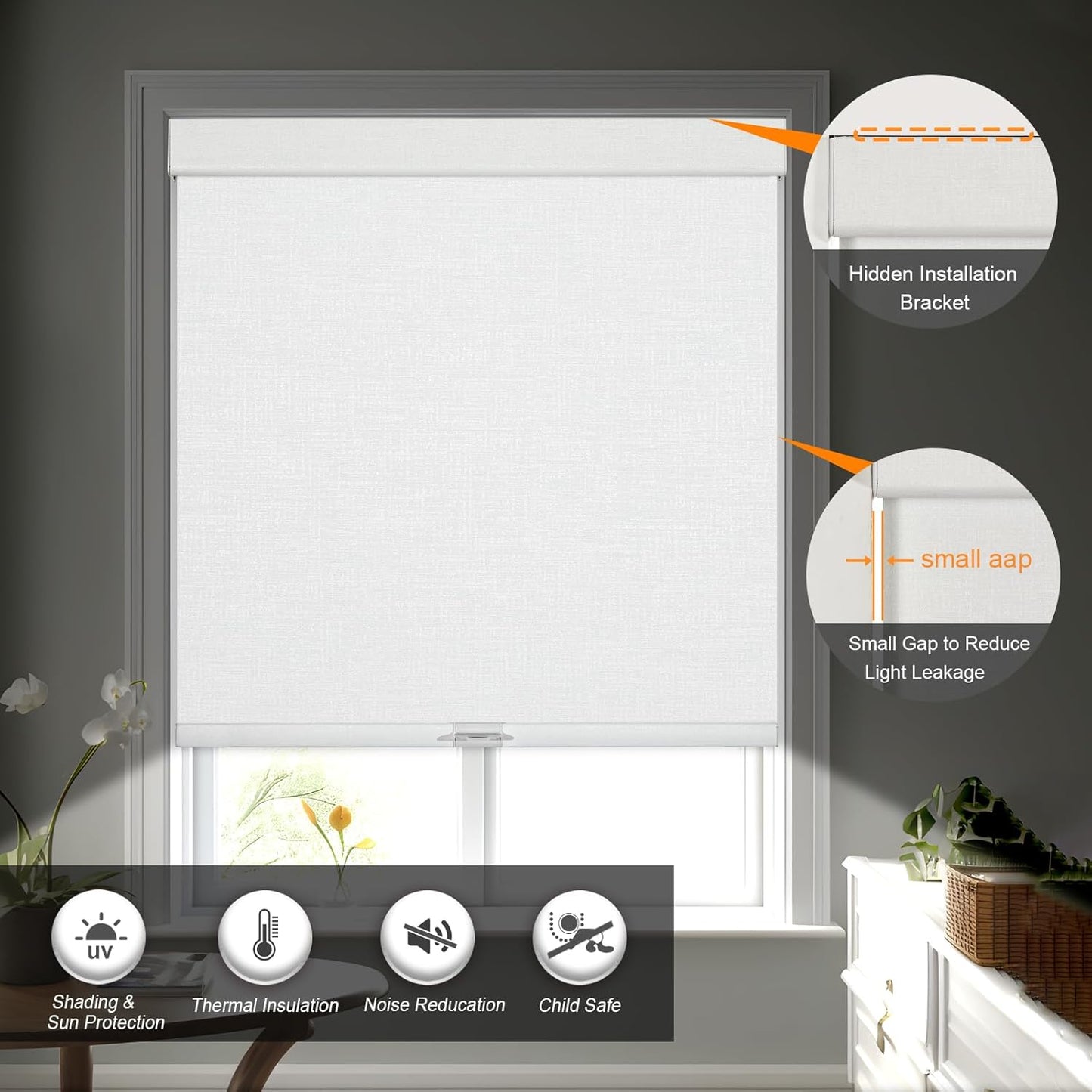 Persilux Blackout Roller Shades & Blinds Windows Shades Free-Stop Blackout Blinds with Jacquard Fabric,Cordless Blinds Pull Down Shades for Home, Easy to Install for Door/Office, White(70" W x 64" H)