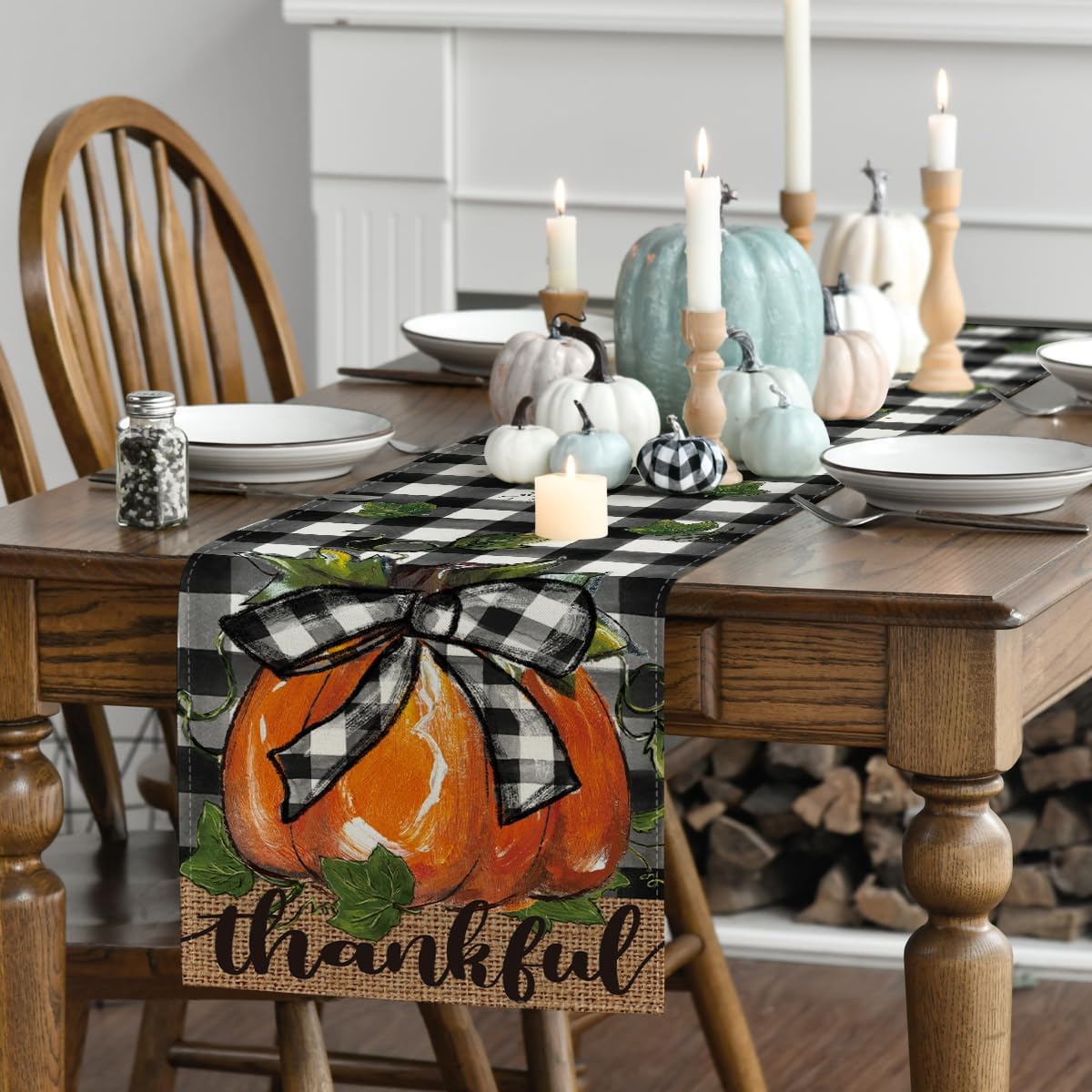 Artoid Mode Buffalo Plaid Bowknot Pumpkin Thankful Fall Table Runner, Autumn Thanksgiving Kitchen Dining Table Decoration for Home Party Decor 13x72 Inch