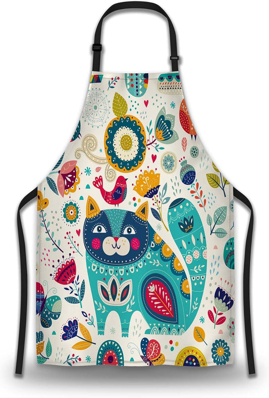 Kitchen Apron for Men Colorful Blue Cat Fun Aprons for Women for Cooking Restaurant BBQ Painting Crafting Gardening 27” (W) x 31” (H), Waterproof Aprons
