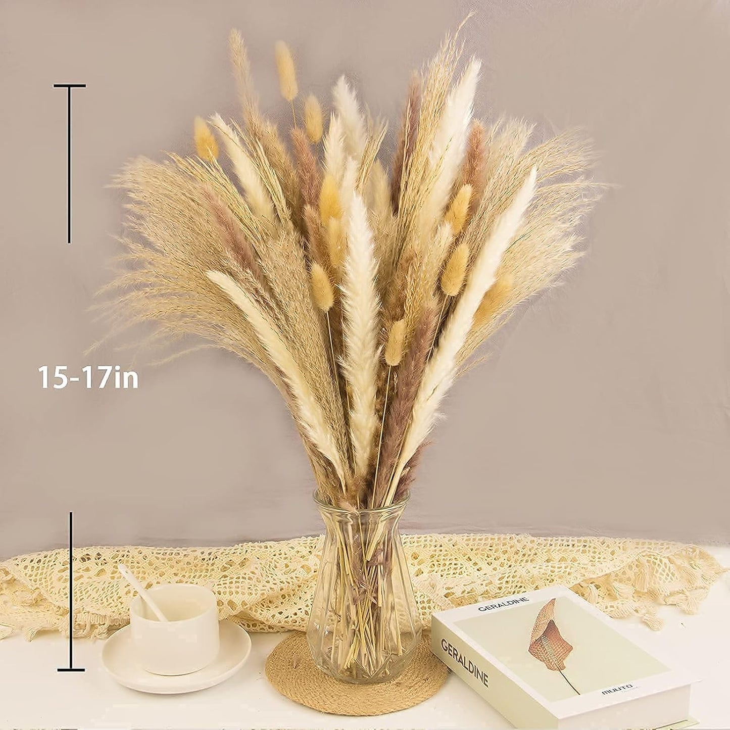 65PCS Pampas Grass Decor, Including pompas Floral, Reed Dried Grass and Bunny Tails Dried Flowers, Natural Dried Pampas Grass Bouquet for Boho Decor Wedding, Home Decoration