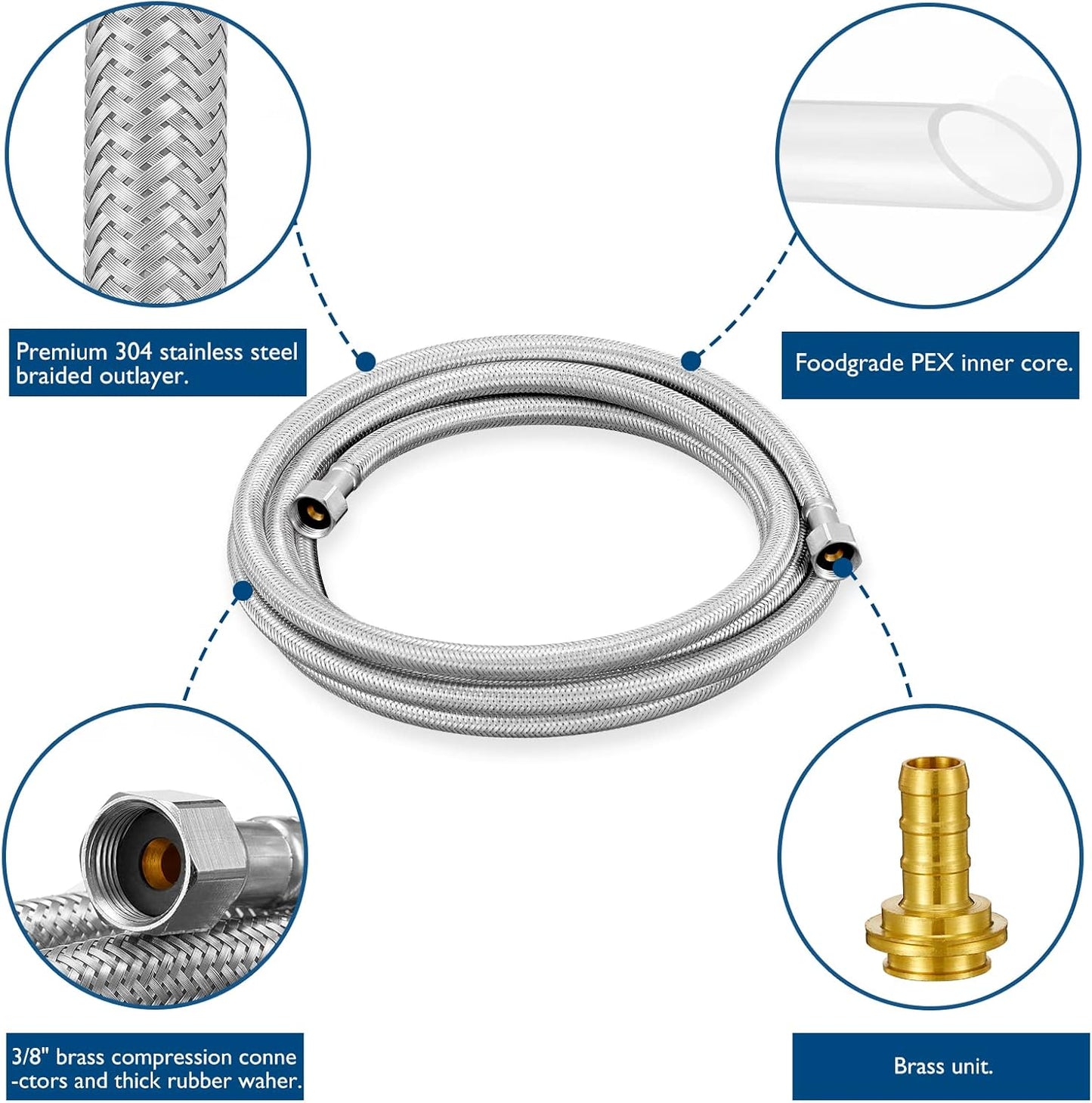 Dishwasher Installation Kit - 15 FT Stainless Steel Braided Dishwasher Hose kit,Food Grade PEX Inner Tube Dishwasher Water Line with 3/8"x3/8"x3/8" Tee Stop Valve,3/8"x3/8"MIP Elbow,3/8"x3/4"FHT Elbow
