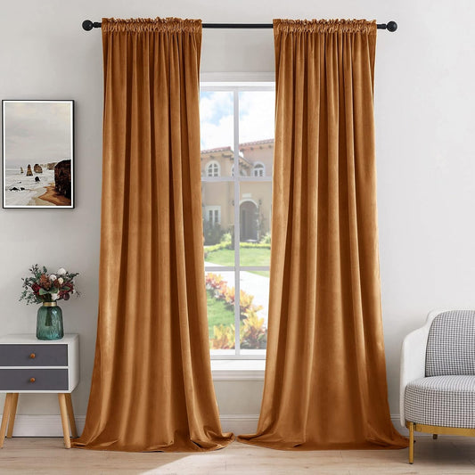 MIULEE Gold Brown Velvet Curtains Thermal Insulated Blackout Curtain Fall Drapes for Bedroom Living Room Darkening 108 Inches Long Curtains Panels Rod Pocket Set of 2