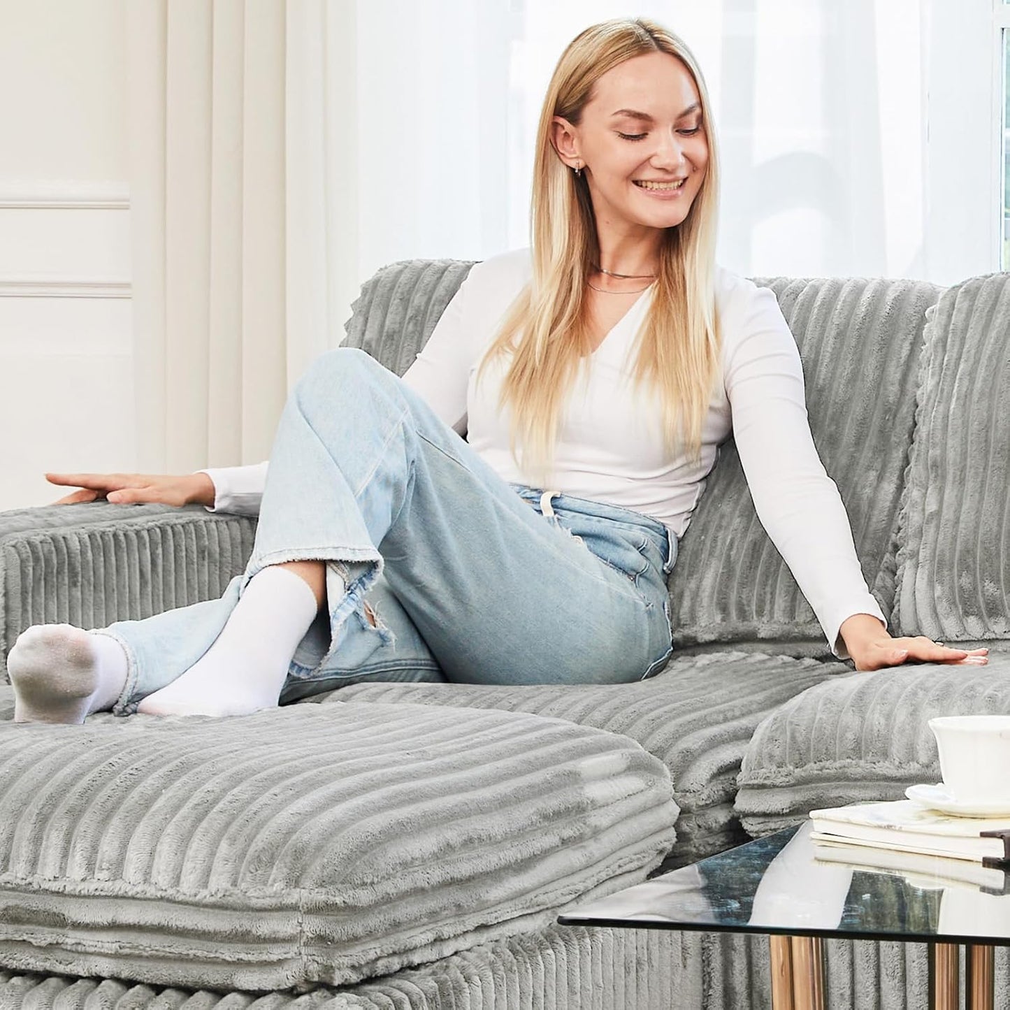 Belffin Modular Sectional Sofa with Storage Ottoman, Oversized Cloud Couch Sectional with Extra Deep Seat, Comfy 3 Seater Sectional Couches for Living Room, Plush Corduroy Light Grey