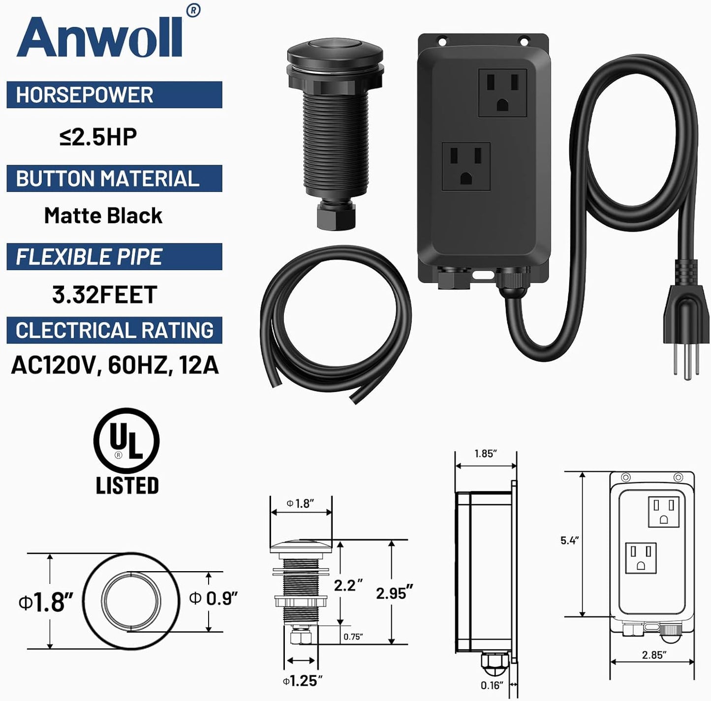 Garbage Disposal Air Switch Kit -Professional- Dual Outlet, Sink Top Waste Disposer On/Off, Garbage Disposal Button, Brass Made Cover, UL Listed