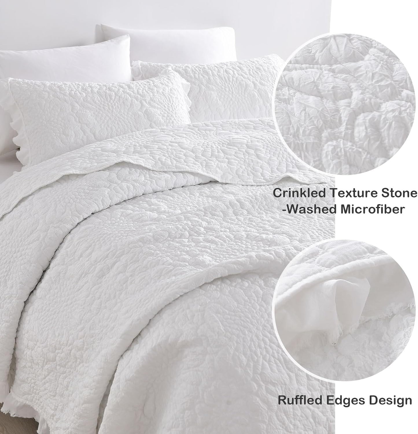 HORIMOTE HOME White Ruffled Quilt Queen Size, Stone-Washed Microfiber Lightweight Crinkled Farmhouse Rustic Shabby Chic Bedding Set, 3 Pieces Reversible Bedspread with Pillow Shams for All Season