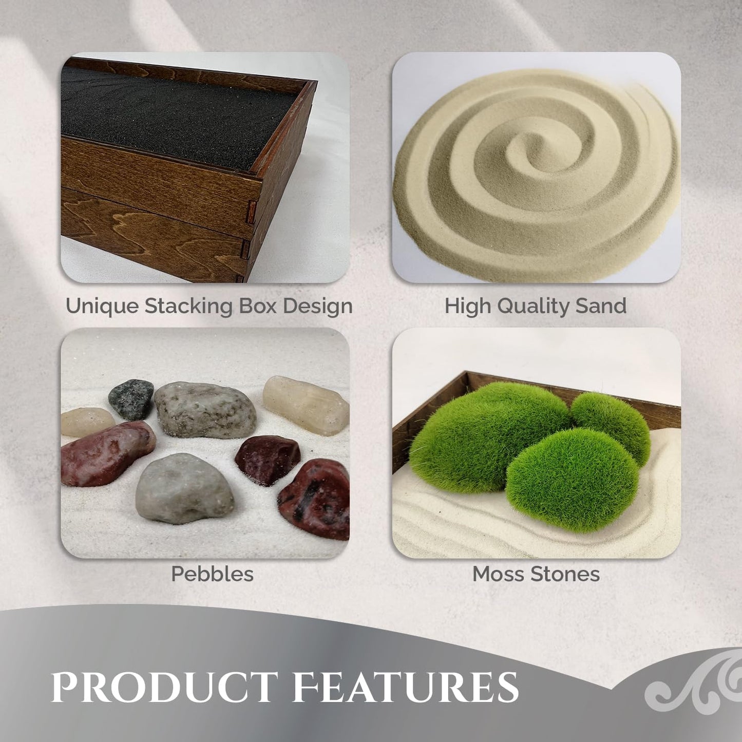 Wooden Stackable Zen Garden | Desert Luxe Sand with Rake & Accessories | Minimalist Decor Gift for Relaxation