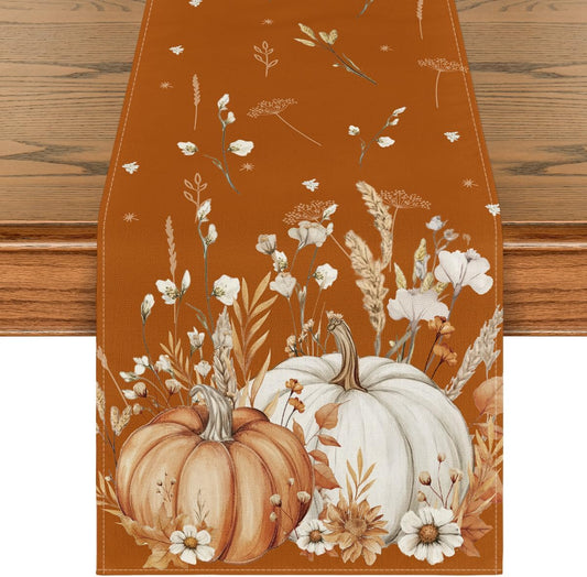 Artoid Mode Orange Pumpkins Leaves Flowers 210 GSM Fall Table Runner, Seasonal Autumn Kitchen Dining Table Decoration for Home Party Decor 13x48 Inch