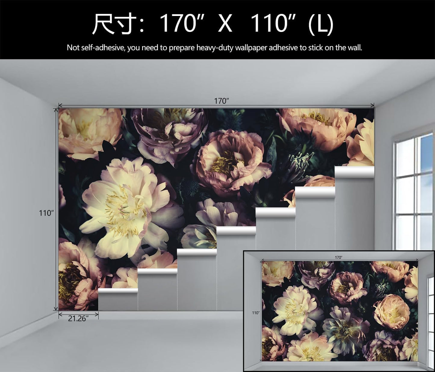 Dark Vintage Floral Wallpaper Large Peony Flowers Wall Mural Bedroom (Not Peel and Stick)