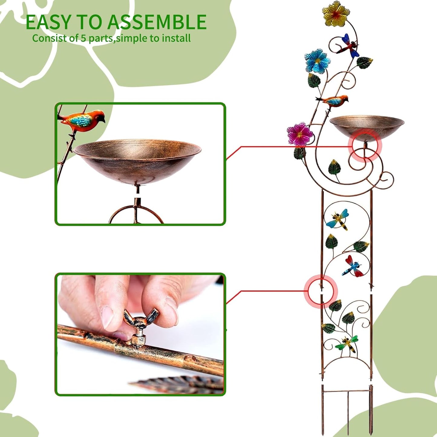 57" Height Metal Bird Bath with Trellis for Outdoor, Vintage Decorative Bird Baths, Small Garden Plant Support, Antique BirdBath for Climbing Plants with Detachable Iron Bowl (Hummingbird)