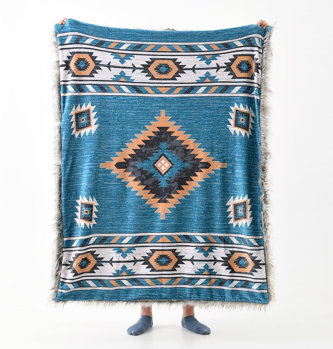 Luxury Plush Faux Fur Throw Blanket with Aztec Pattern, Super Warm, Fuzzy, Elegant, Fluffy Decoration Blanket for Couch, Armchair, Sofa and Bed, 50''x 60'', Teal
