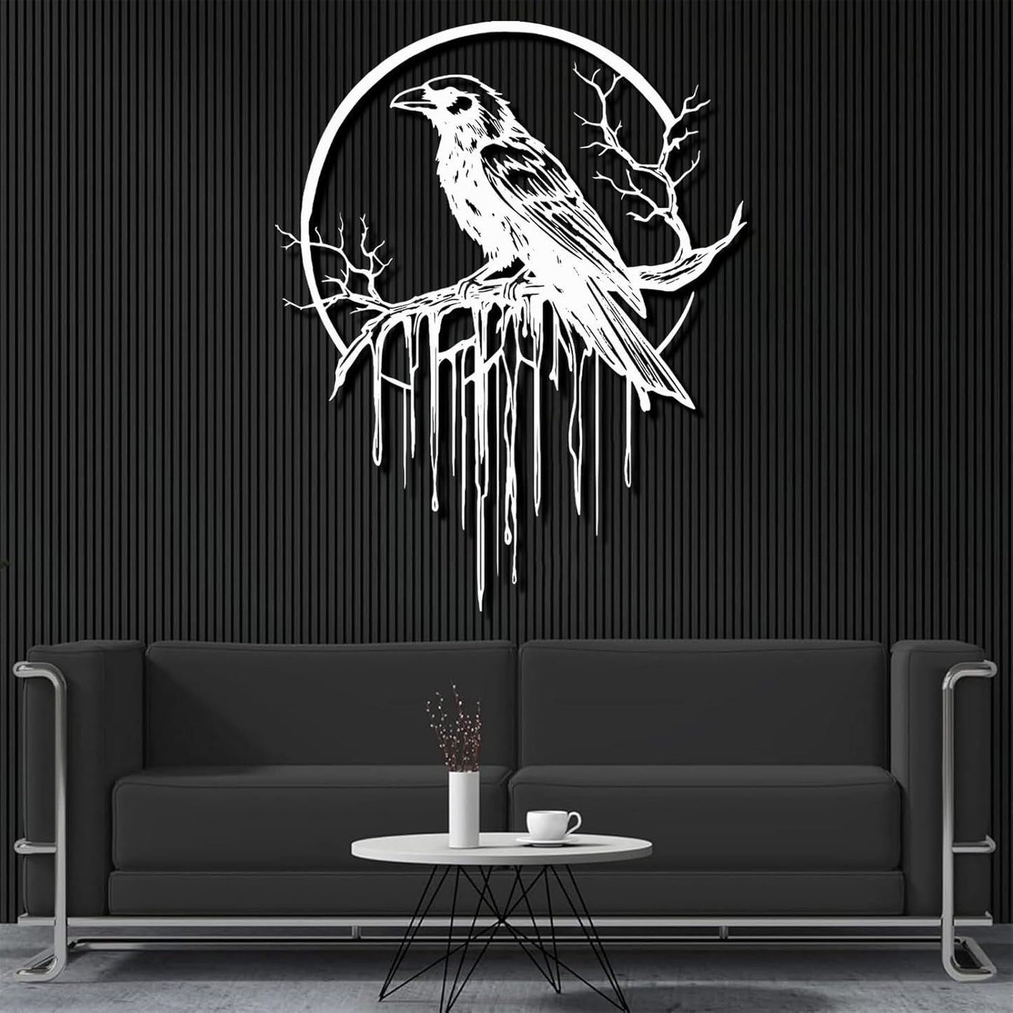Crow Metal Wall Decor, Raven Wall Art, Large Gothic Raven Decor Hangings, Bird Wall Decor, Metal Tree Branch Decor, Ravens Sign, Raven Art for Living Room (Silver, 35"x28" | 90x72cm, metal wall art)