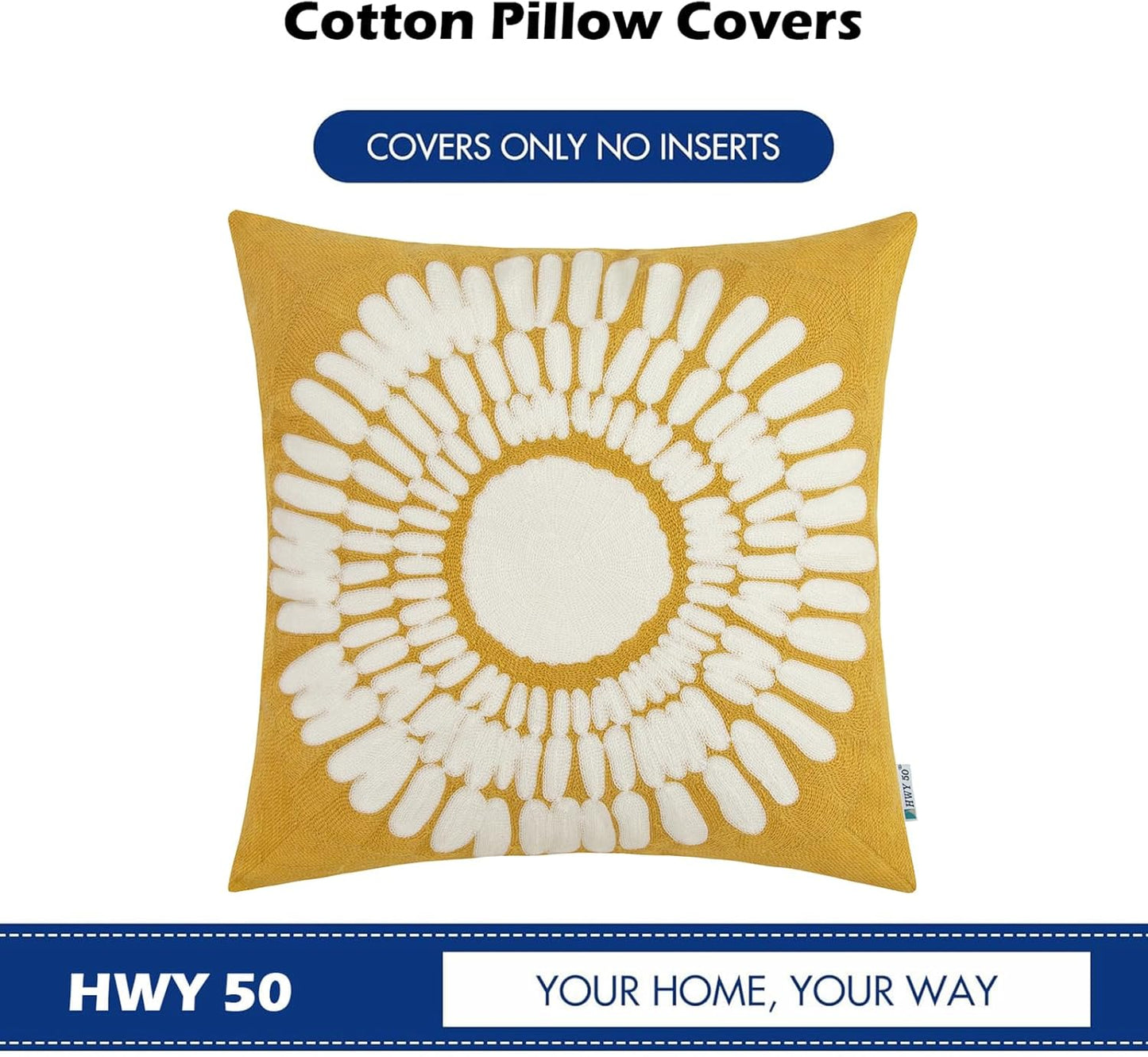 HWY 50 Mustard Yellow Decorative Throw Pillow Covers 18x18 Inch (1 Piece), Embroidered Cotton Modern Farmhouse Cushion Cover Pillow Case for Sofa Couch Living Room Bed, Sunflower