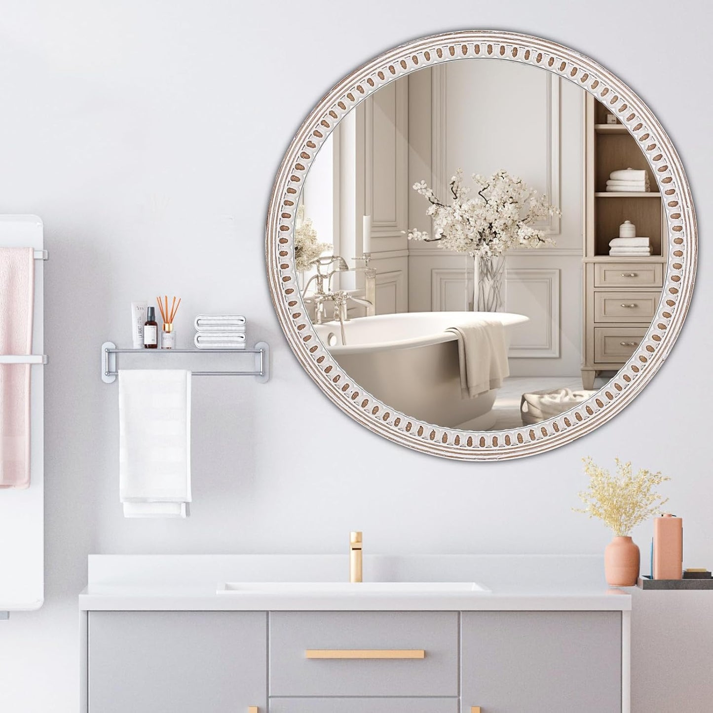 24 inches Decorative Round Wood Mirror with Bead, Rustic Farmhouse Circle Mirrors for Wall Decor, Living Room, Entryway, Bathroom Over Sink