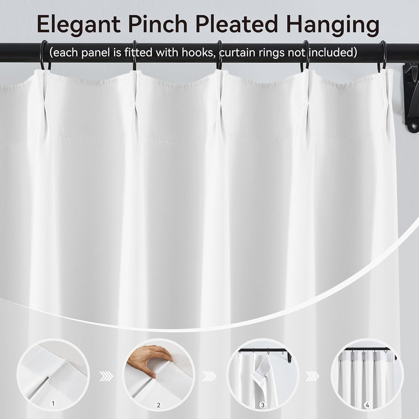 KangBang Pure White 90 Inch Bedroom Curtains-Pinch Pleated Room Darkening Neutral Drapes for Flat/Apartment with Hooks Track System, Solid Memory Shape Curtains & Drapes(40”Wx90”L,2 Panels)